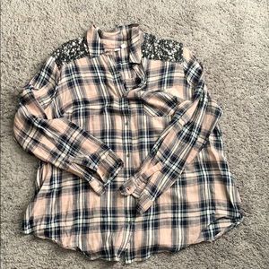 flannel top with sequins on shoulders